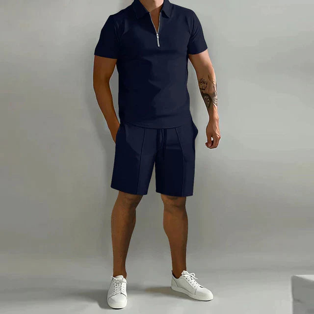 Men's Lorenzo two-piece summer outfit. Stylish polo shirt & shorts for casual, lounge, or travel comfort.