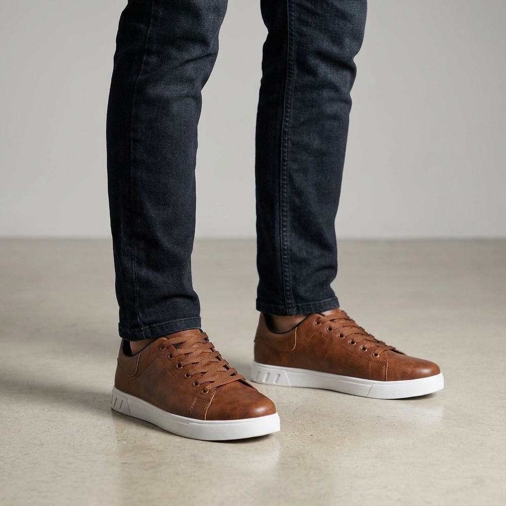 Close-up of men's low-top sneakers showing secure lace-up closure & stylish versatile design.