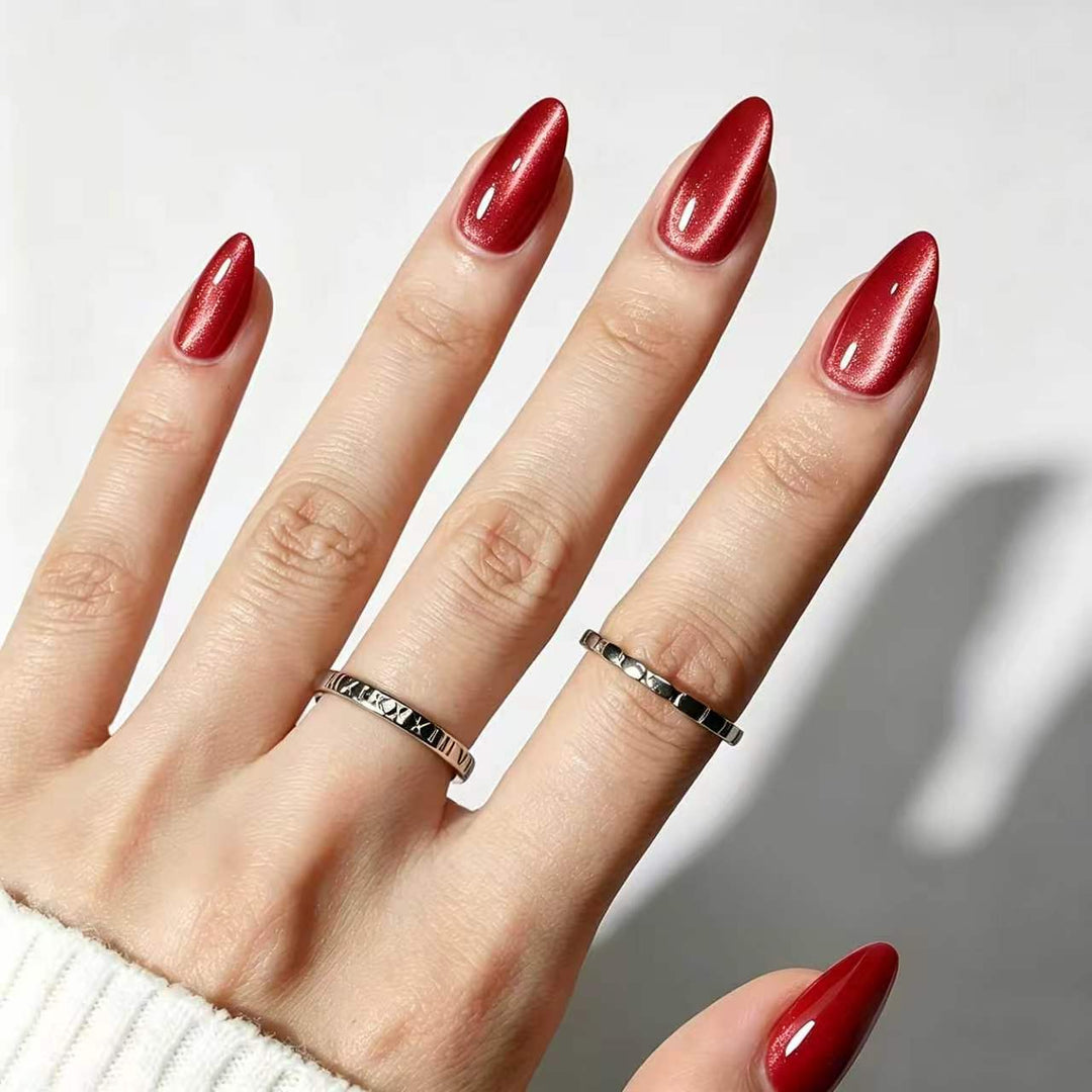 Men's luxurious wine red glossy press-on nails for an instant, stylish manicure. Durable artificial nails.