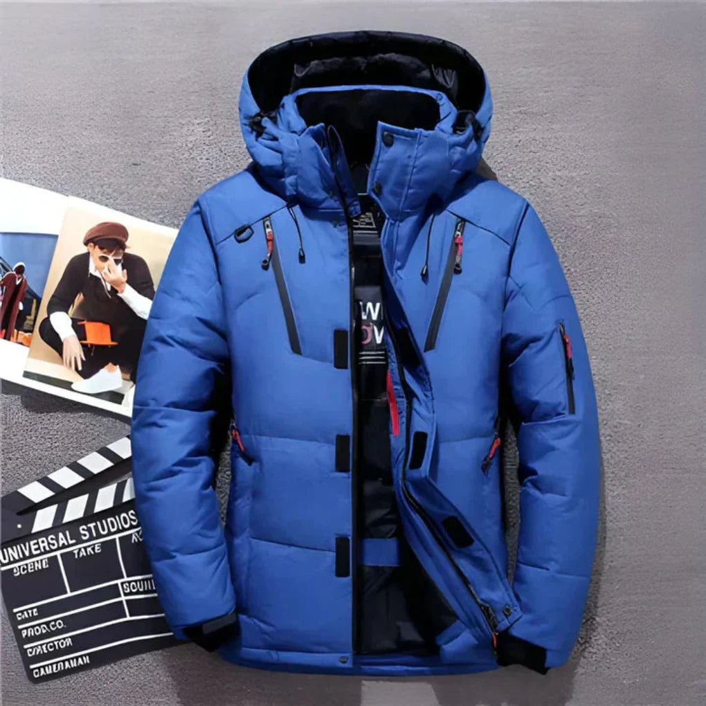Luxurious men's winter puffer jacket. Stay warm and comfortable in cold weather with a modern fit.