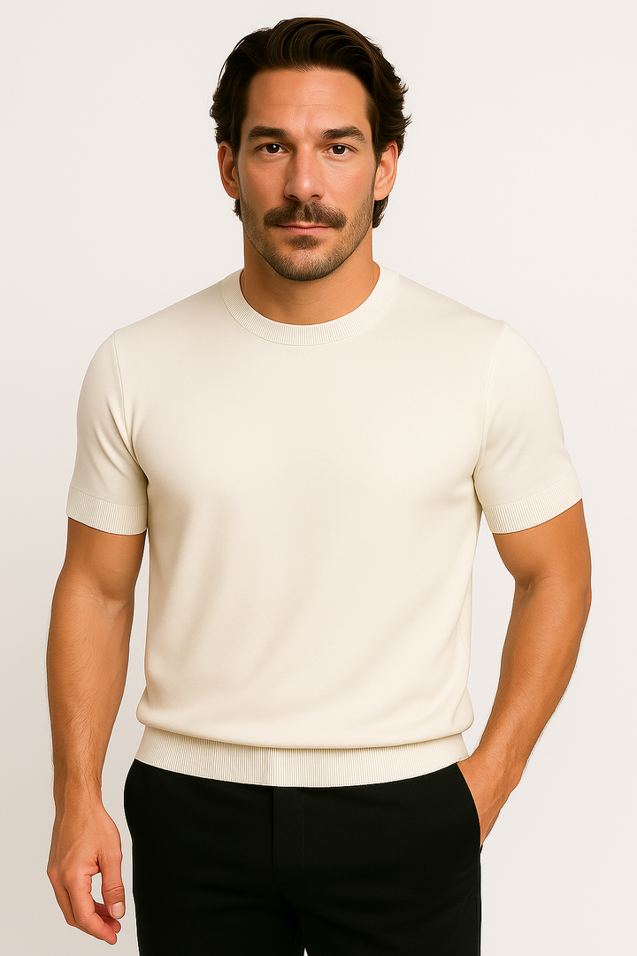Men's luxury knit polo shirt, elegant and soft, perfect for smart casual or office wear. High-quality men's fashion.