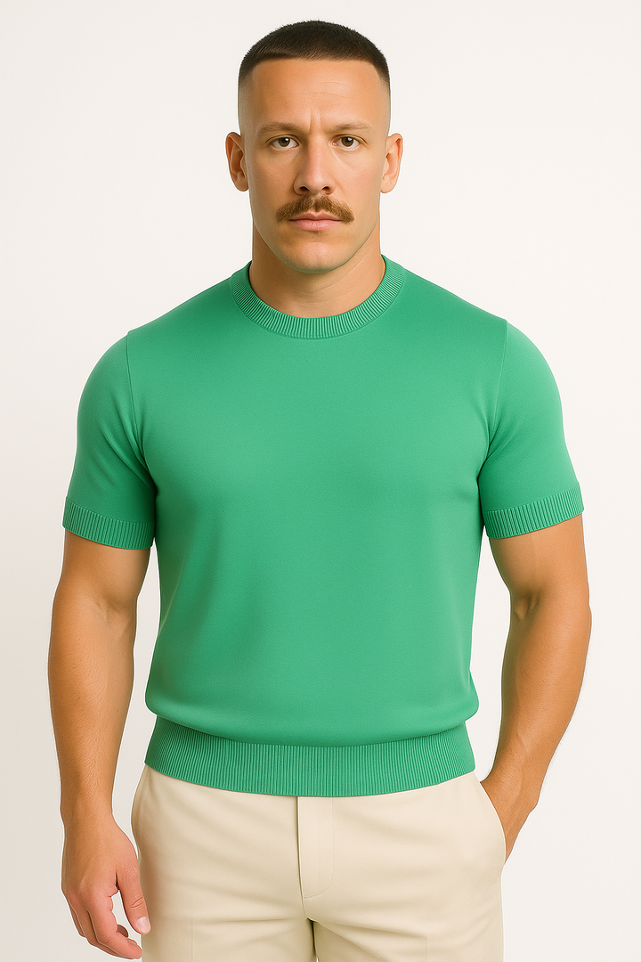 Versatile men's knit polo shirt, a luxurious soft short-sleeve top, ideal for smart casual and office style.