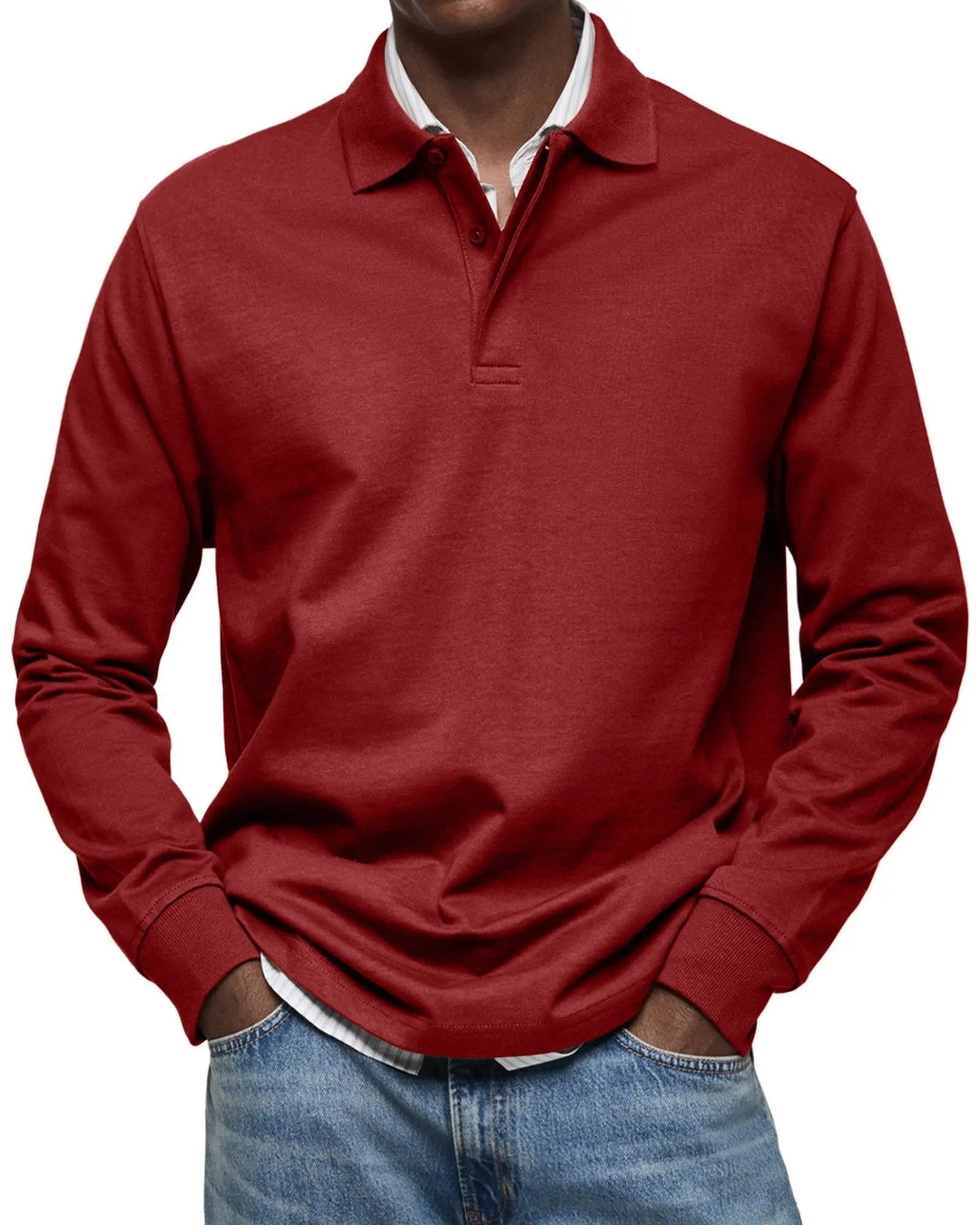 Premium men's long sleeve polo shirt, classic fit. Luxury men's apparel offering comfortable, smart casual style.