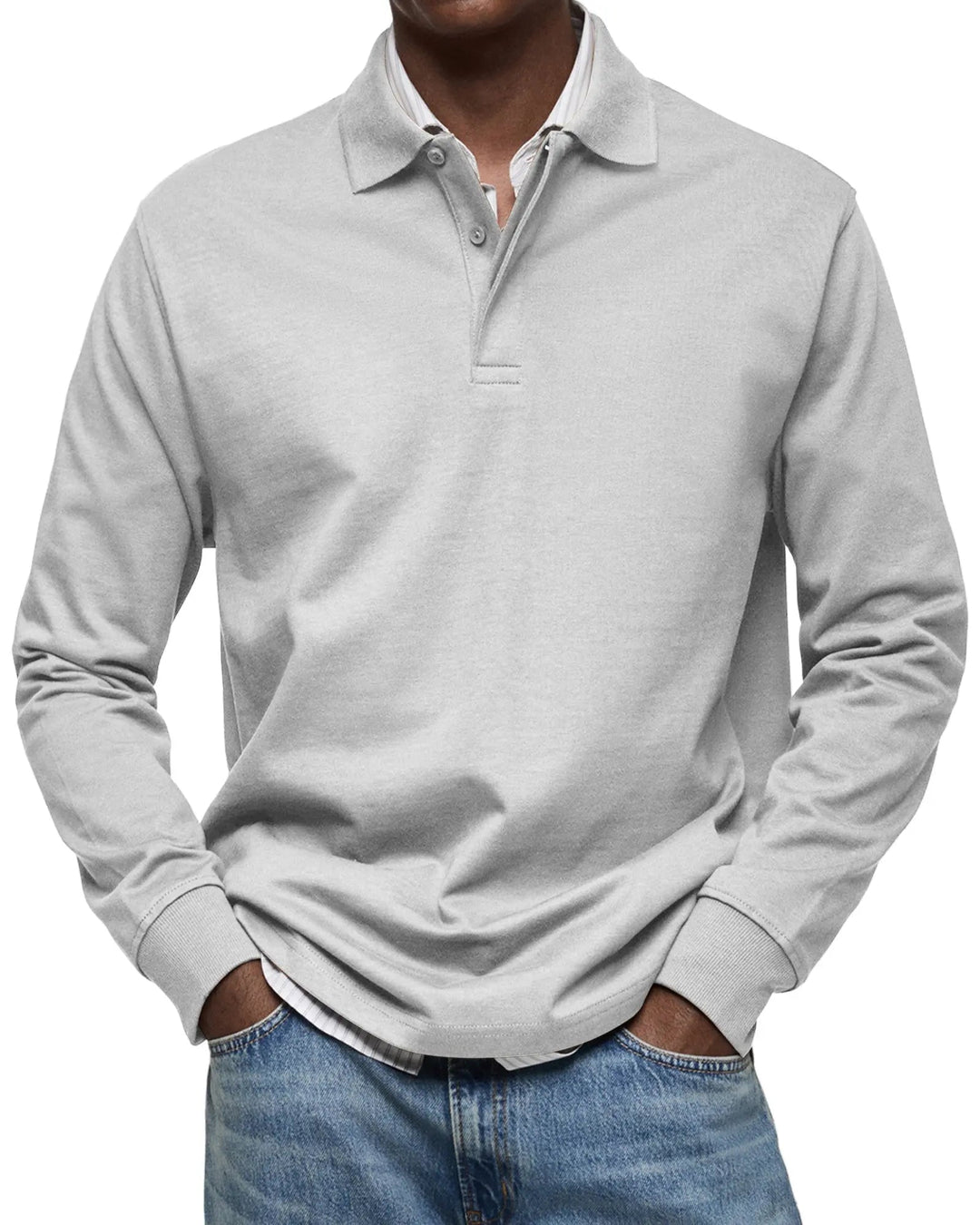 Man wearing a classic fit luxury long sleeve polo shirt. Smart casual men's fashion for comfortable & versatile styling.