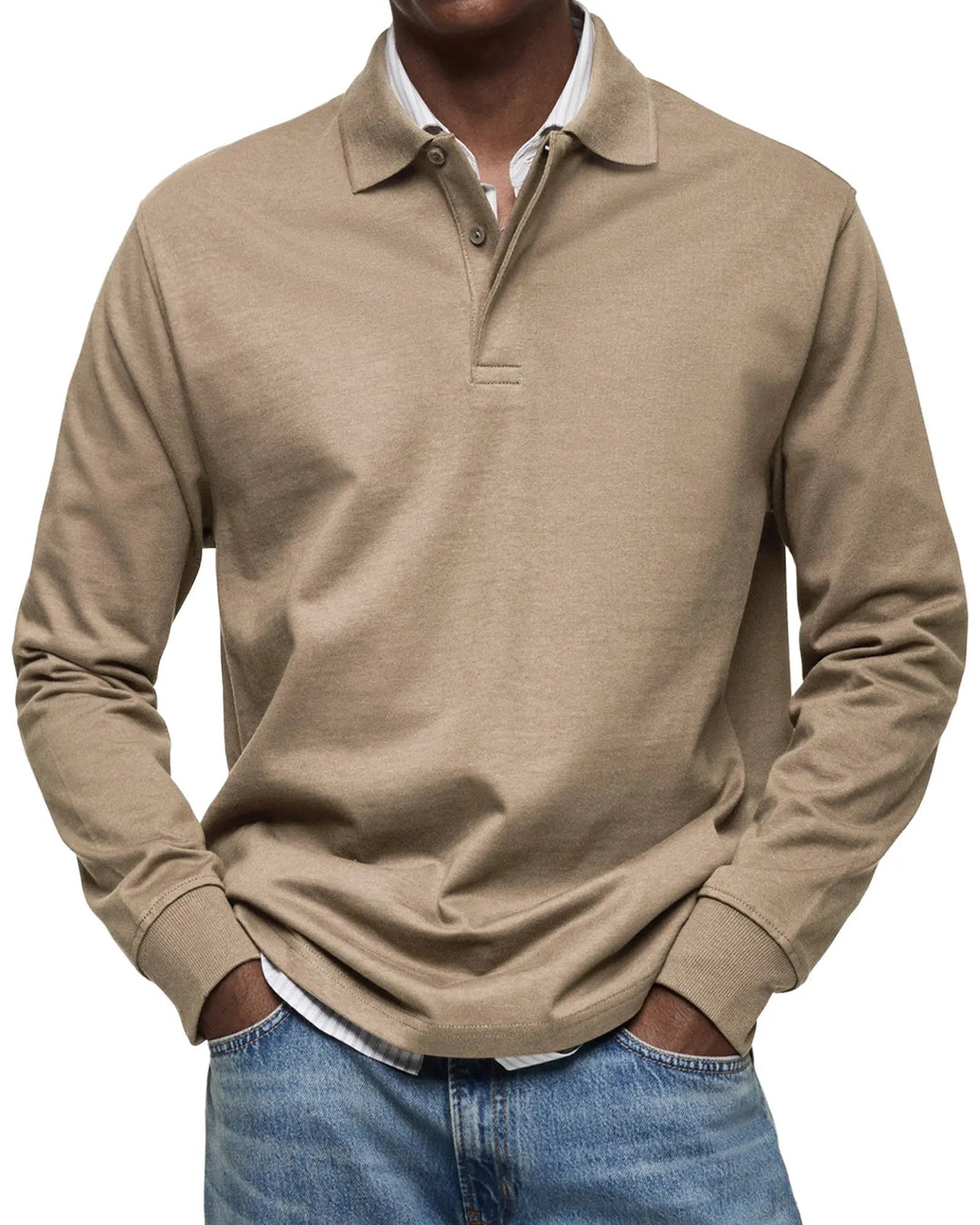 Men's classic fit long sleeve polo shirt with button placket. Luxury men's top for smart casual & comfortable everyday wear.