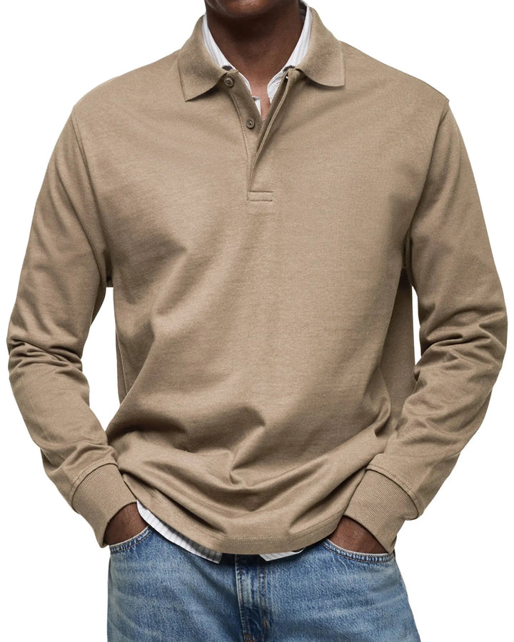 Men's classic fit long sleeve polo shirt with button placket. Luxury men's top for smart casual & comfortable everyday wear.