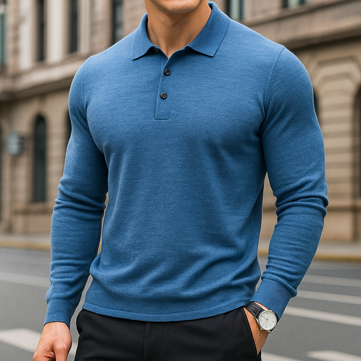 Men's luxury soft knit polo shirt, breathable & timeless for smart casual elegance.