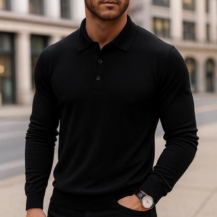 Elegant men's knit polo top, offering a timeless smart casual look & comfort.