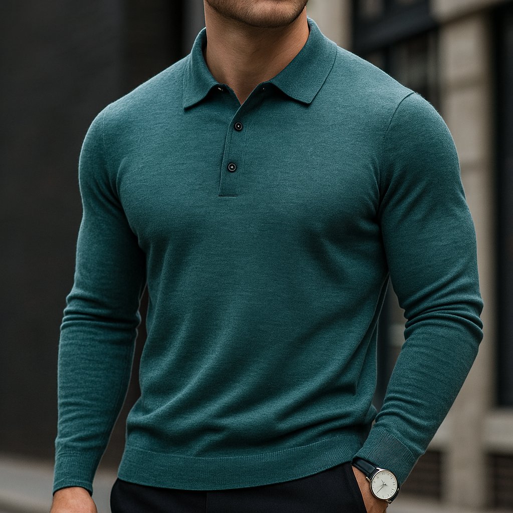 Premium men's knit shirt, a luxury polo with soft texture & sophisticated appeal.