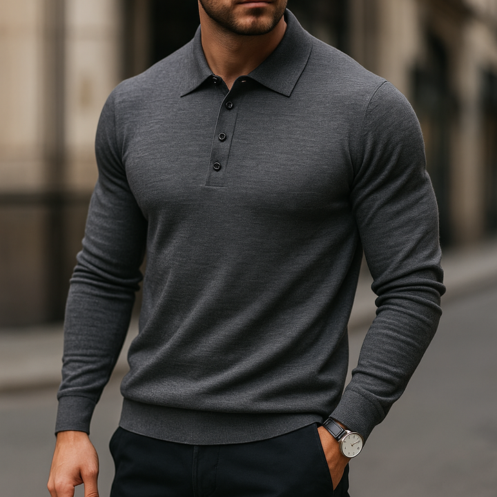 Classic men's luxury knit polo, an essential breathable top for smart style.
