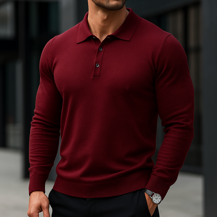 Luxury men's knit polo shirt, featuring soft fabric and a timeless smart casual design.