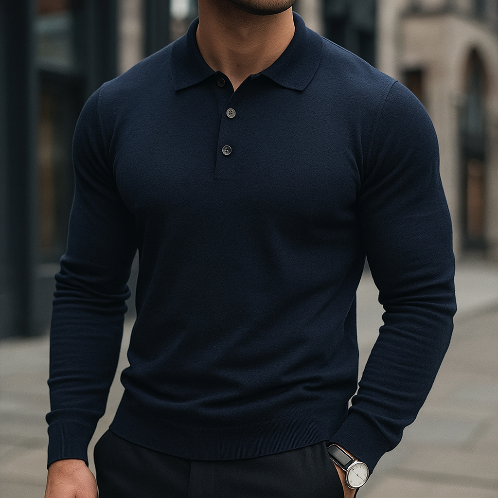 Breathable men's knit polo, designed for comfort and sophisticated all-season wear.