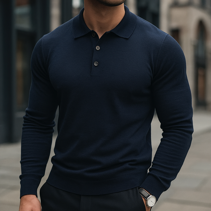 Breathable men's knit polo, designed for comfort and sophisticated all-season wear.