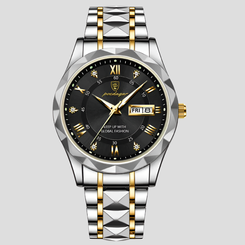 Elegant men's quartz watch with stainless steel band, auto date display & waterproof design.