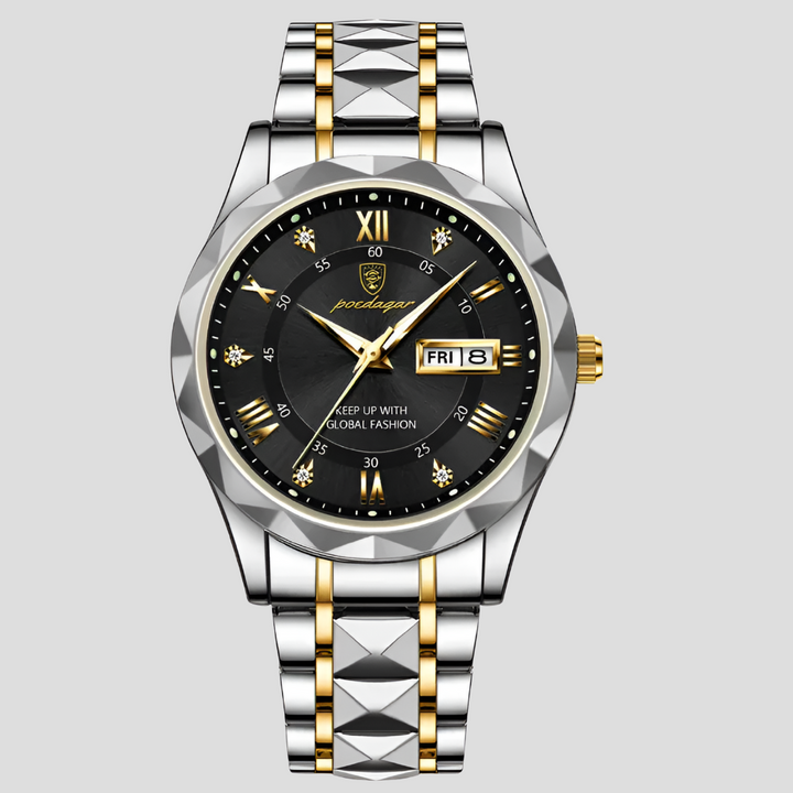 Elegant men's quartz watch with stainless steel band, auto date display & waterproof design.