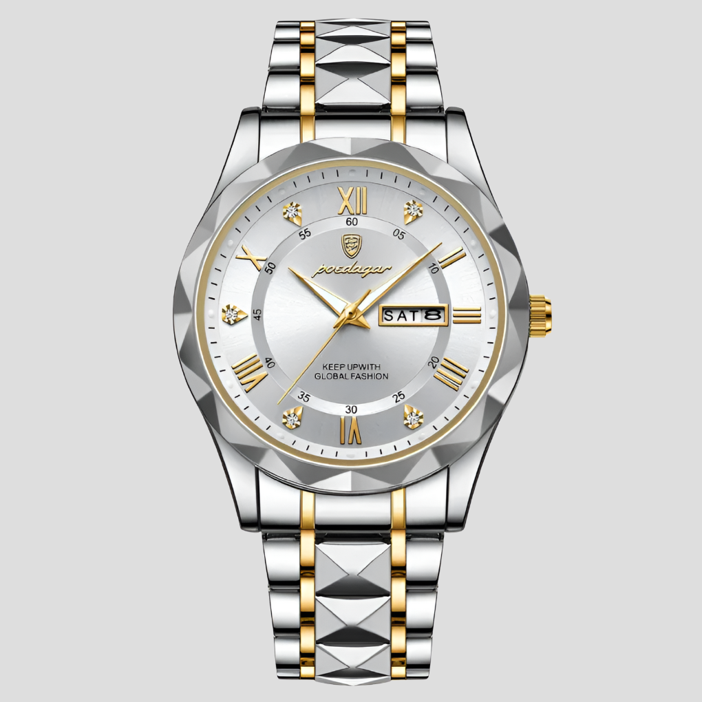 Durable men's stainless steel luxury watch, waterproof quartz timepiece for daily and formal use.