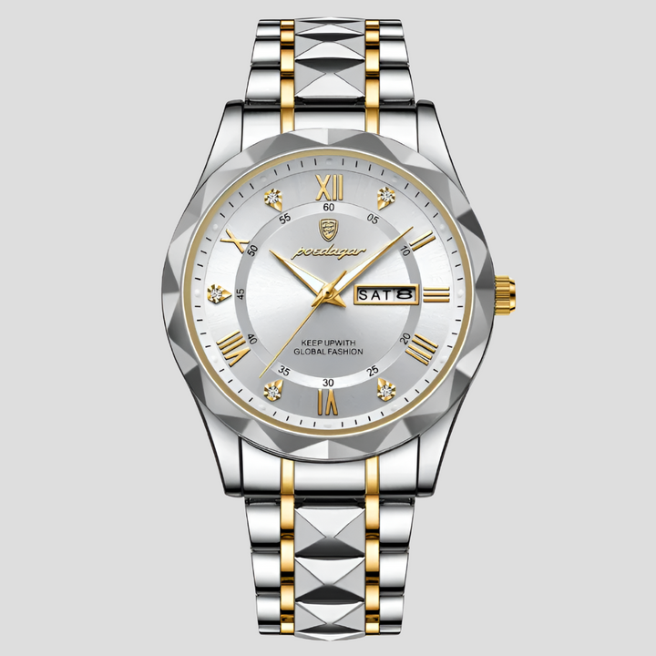 Durable men's stainless steel luxury watch, waterproof quartz timepiece for daily and formal use.