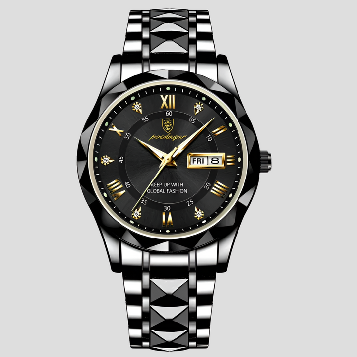 Men's luxury quartz watch on wrist, featuring a sleek stainless steel design, ideal for business wear.