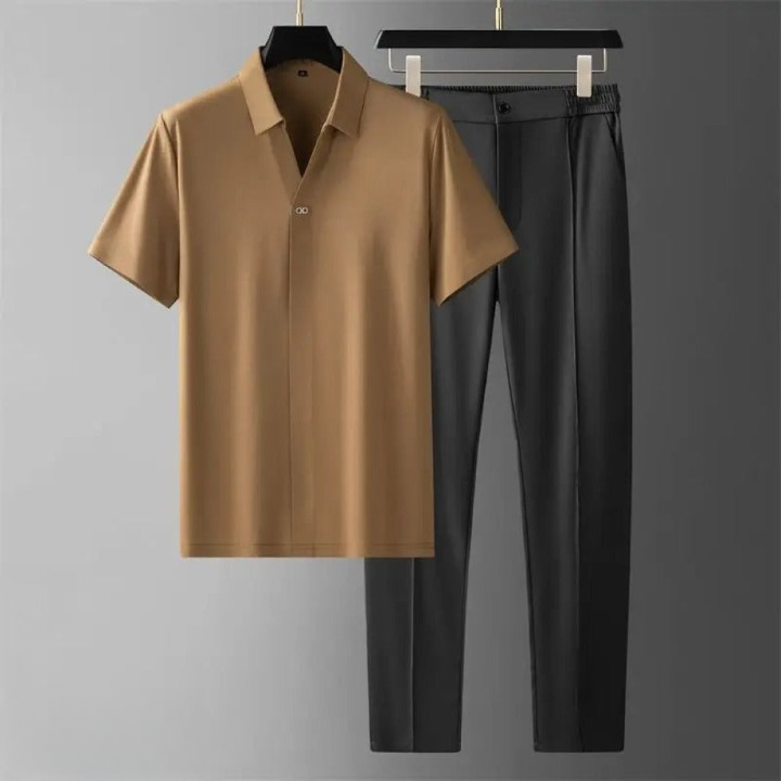 Men's versatile two-piece polo & pants set. Luxury summer outfit for smart casual or leisure wear.