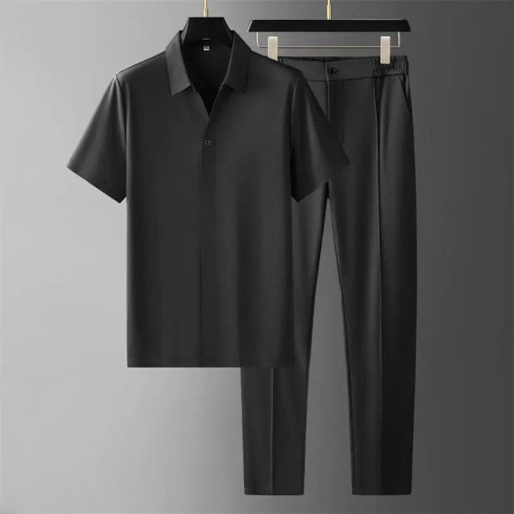 Effortless men's luxury polo and pants set. Stylish two-piece summer outfit for ultimate comfort and fashion.