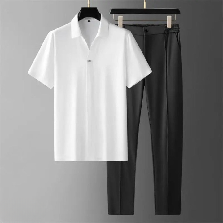 Refined men's two-piece polo and pants set. A luxury coordinated summer outfit for modern, stylish men.