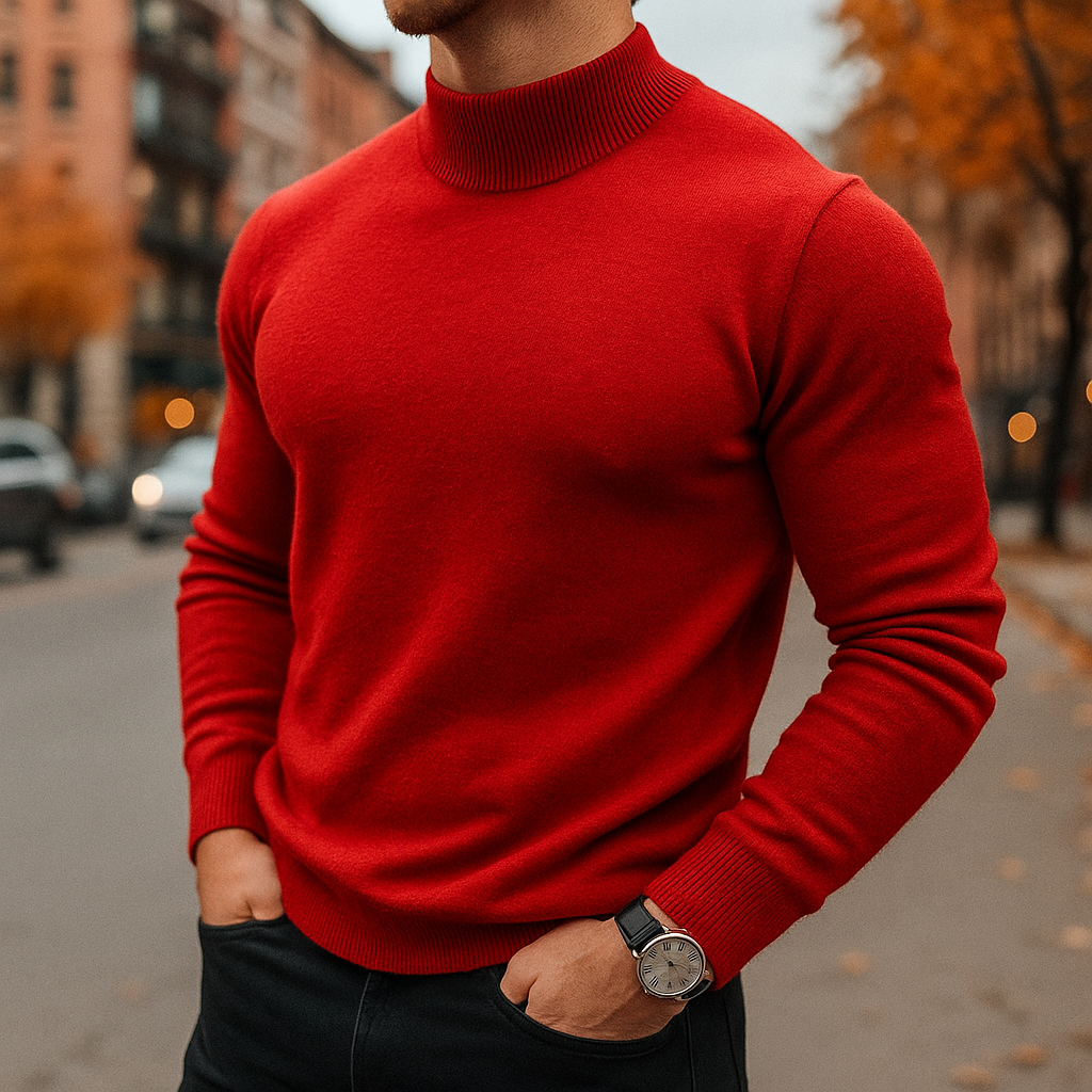 Men's luxury warm turtleneck sweater. Comfortable, stylish winter fashion essential for classic menswear.