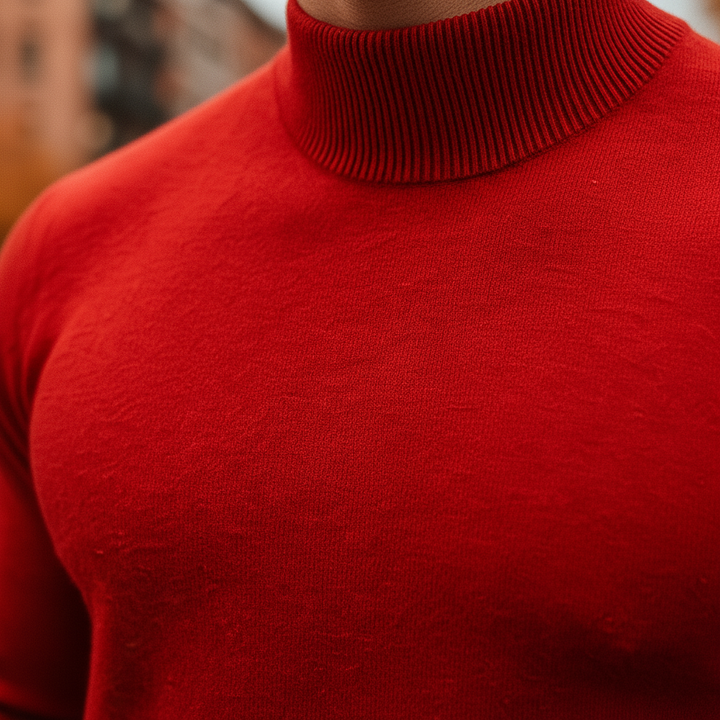 Elegant men's knit turtleneck sweater. Soft, warm long sleeve top perfect for layering & winter style.