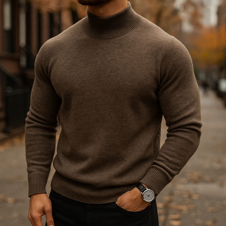 Classic men's elegant turtleneck sweater. Cozy, stylish long sleeve top for casual or smart casual winter looks.