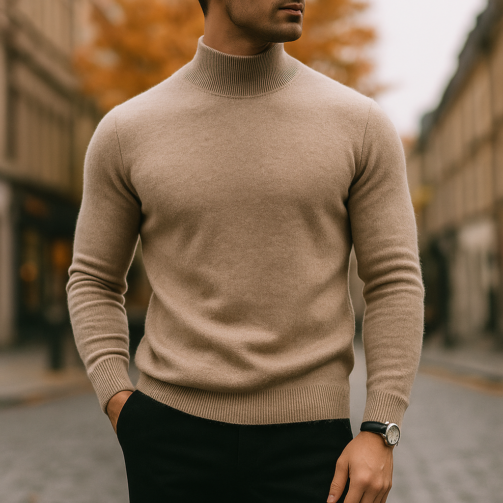 Comfortable men's winter turtleneck. Stylish, warm top; essential for layering & modern menswear fashion.
