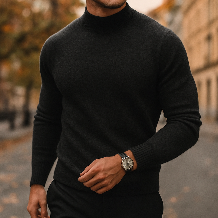 Stylish men's ribbed turtleneck sweater. Luxurious, warm long sleeve knit for elegant winter outfits.