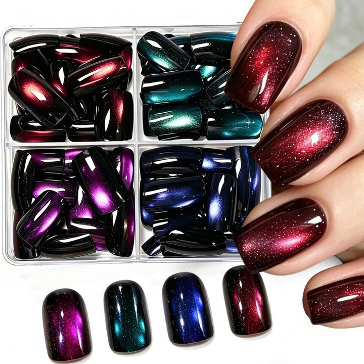 Display of men's reusable press-on nails featuring a unique magnetic glitter finish for versatile nail art.