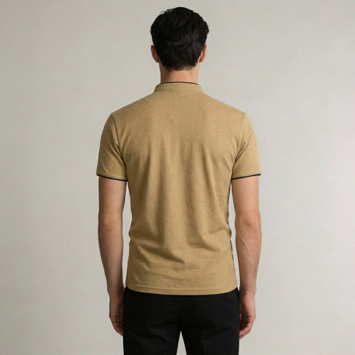 Versatile men's smart casual short sleeve slim fit polo with a distinctive mandarin collar.