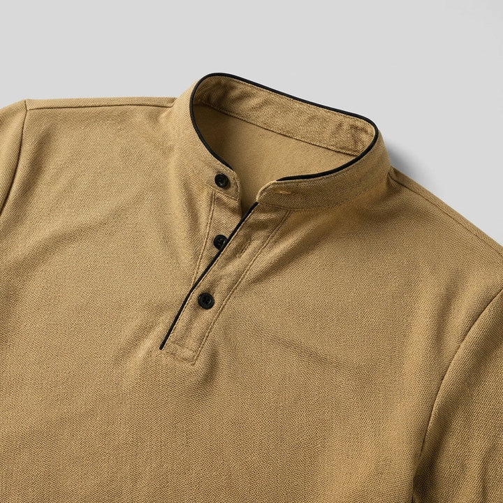 Stylish men's slim fit polo shirt featuring a unique mandarin collar, perfect for casual wear.