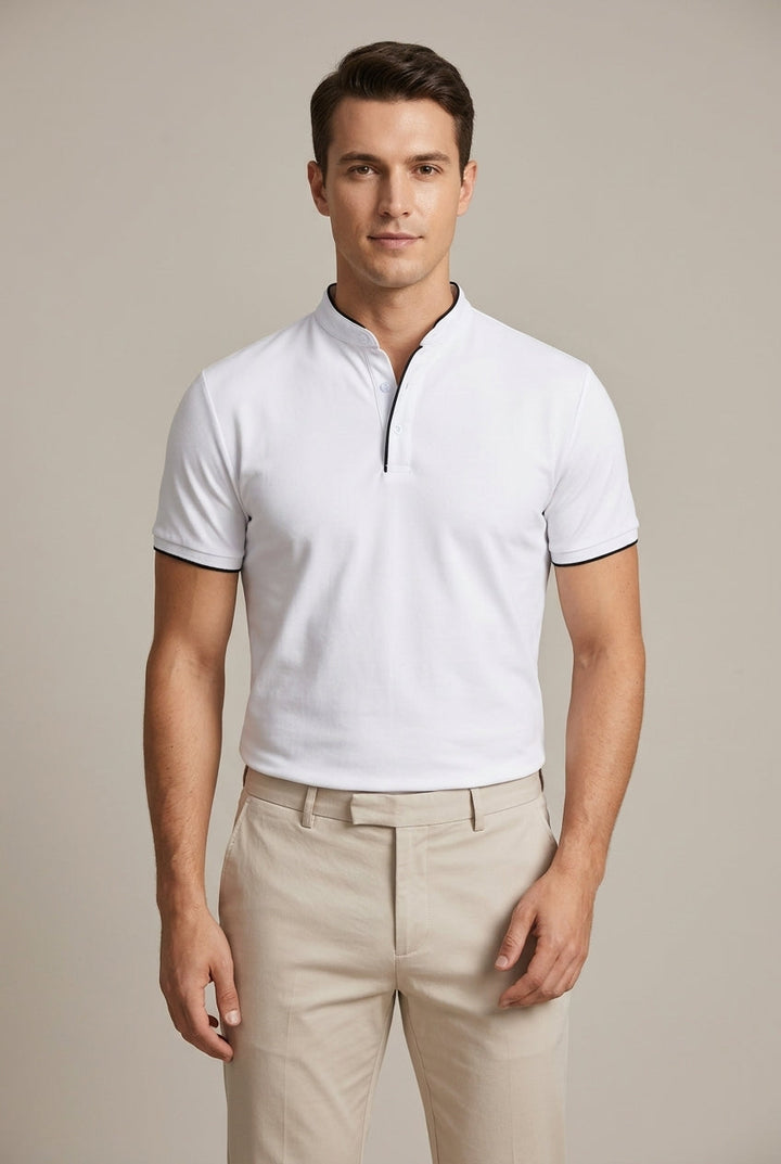 Short sleeve men's polo shirt, slim fit with a contemporary mandarin collar, great for smart casual.