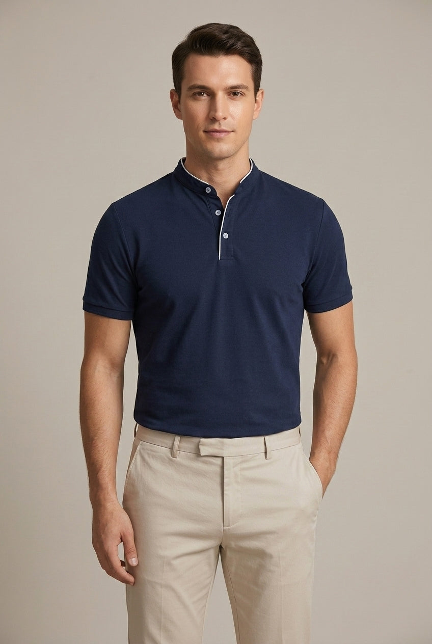 Modern men's slim fit mandarin collar polo shirt, perfect for a sleek, versatile casual style.
