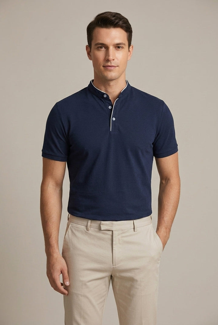 Modern men's slim fit mandarin collar polo shirt, perfect for a sleek, versatile casual style.