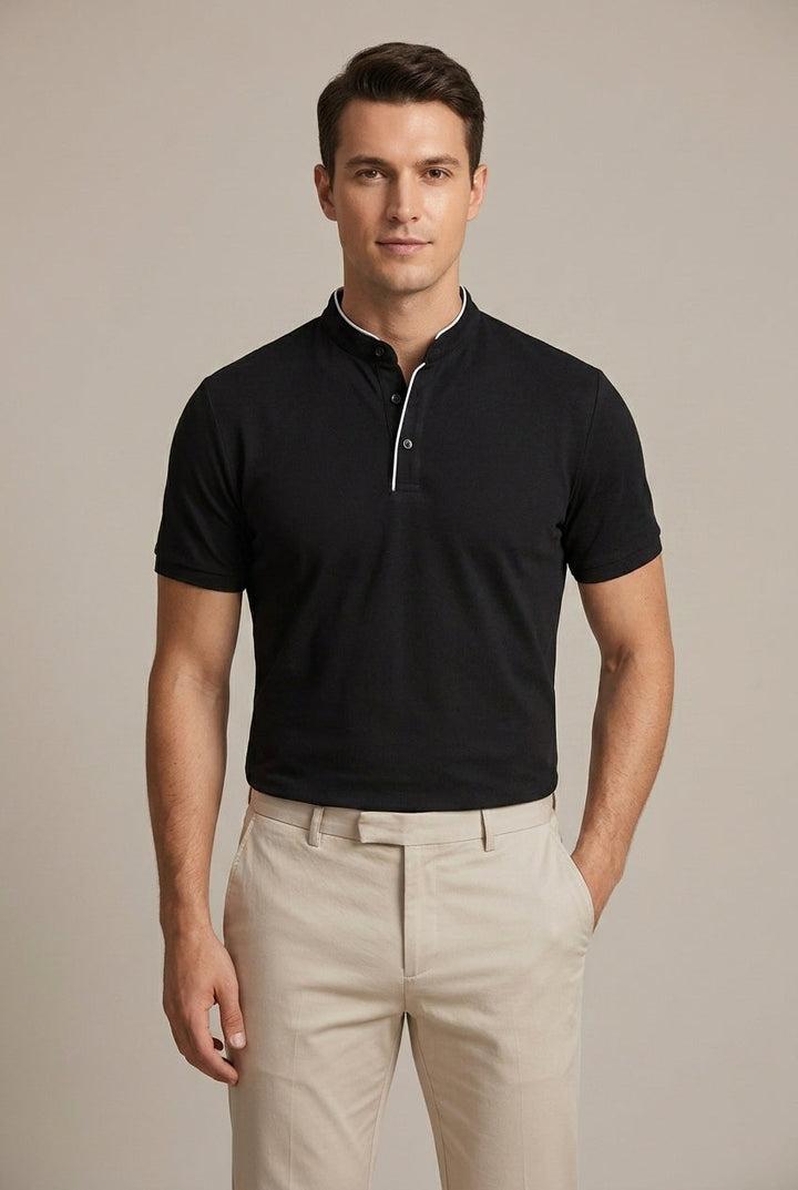 Trendy men's slim fit short sleeve polo with a sophisticated mandarin collar for smart casual outfits.
