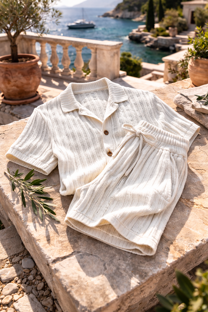 Comfortable men's summer two-piece outfit with a casual shirt and shorts, perfect for warm weather and relaxed style.