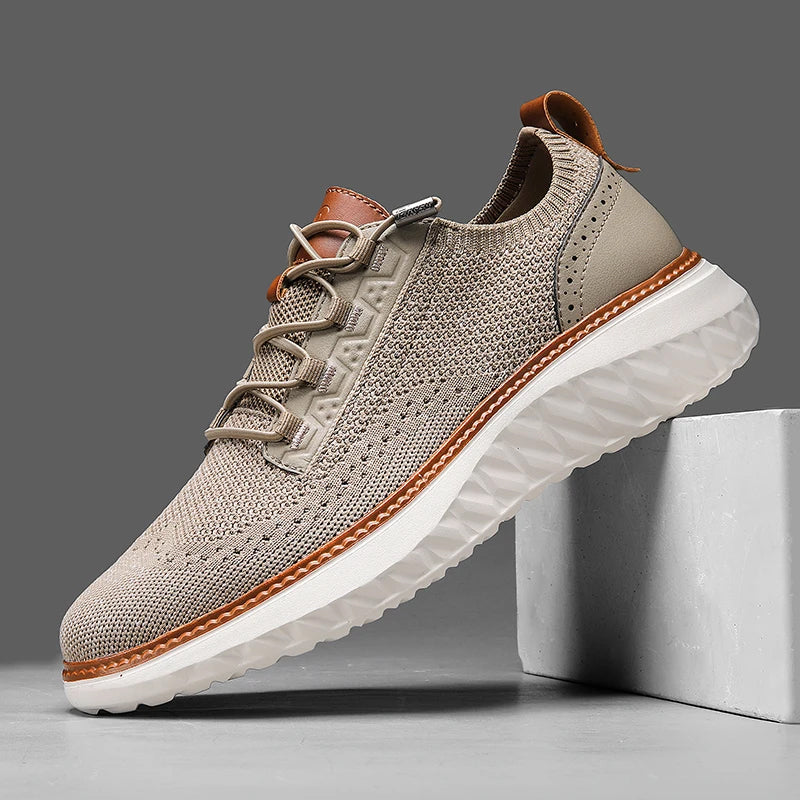 Men's Max Comfort breathable walking sneakers, perfect for athletic and casual wear. Khaki & blue.