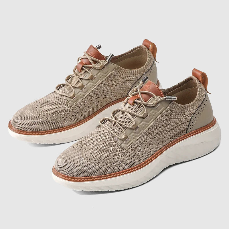Khaki and blue men's breathable sneakers for walking. Max comfort athletic footwear.