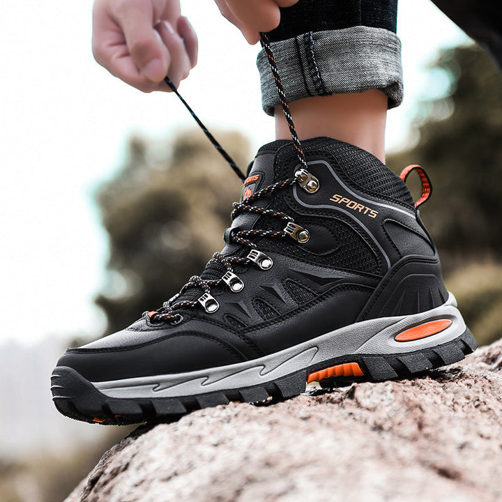 Industrial strength men's work boots, mid-height, waterproof, for maximum safety & endurance.