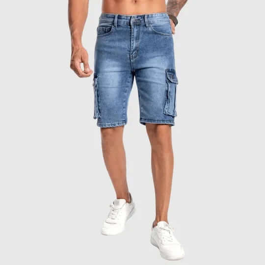 Men's mid-length blue cargo shorts for everyday utility, featuring multiple pockets & relaxed fit. Perfect casual wear.
