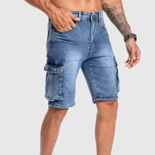 Comfortable men's blue cargo shorts with multiple utility pockets, ideal for summer casual wear & everyday fashion.