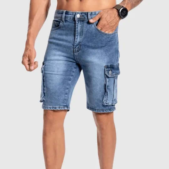 Stylish men's mid-length blue cargo shorts. Relaxed fit utility shorts for summer fashion & everyday comfort.