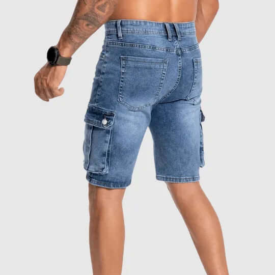 Blue men's mid-length cargo shorts. Practical utility shorts for casual wear, multiple pockets & comfortable fit.