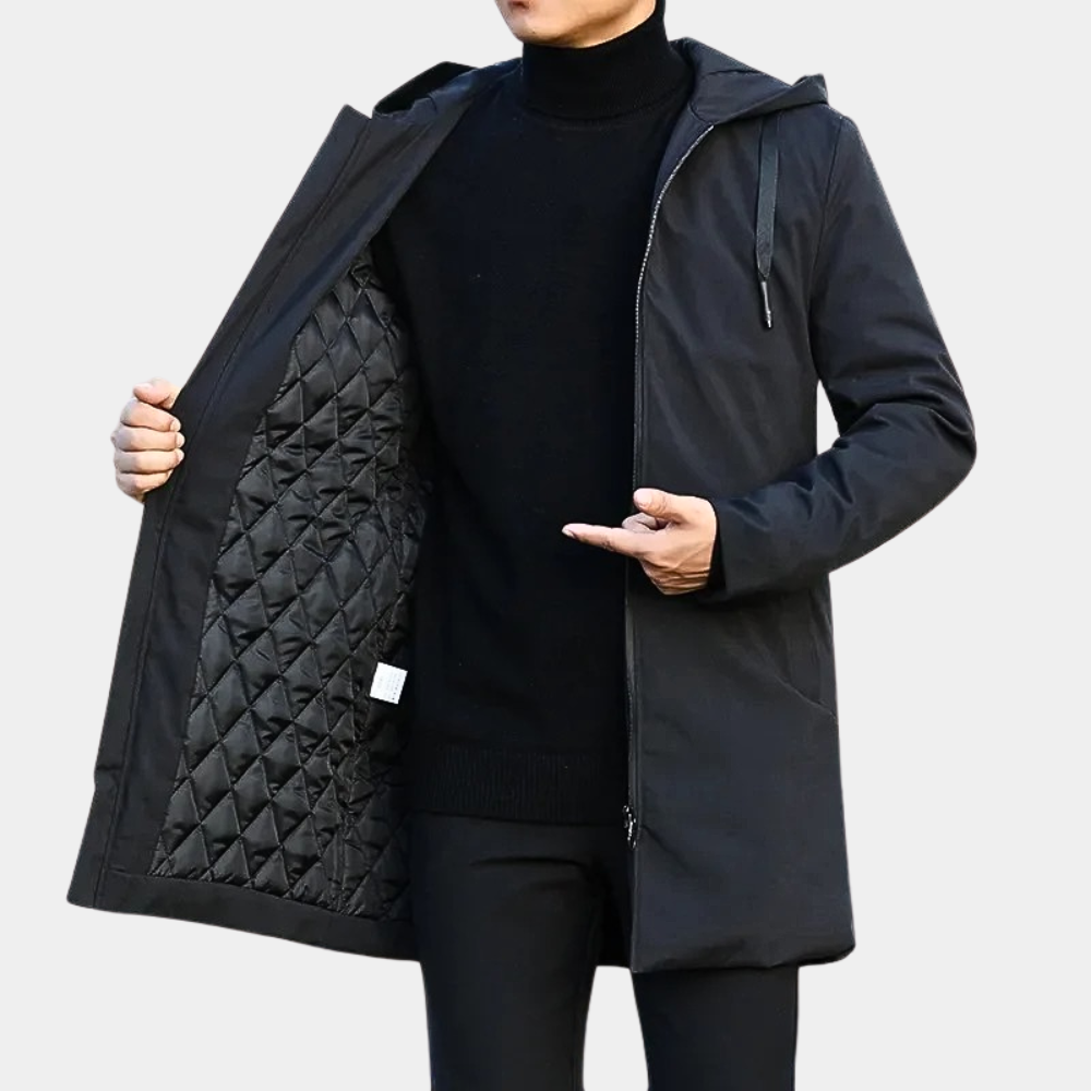 Men's mid-length quilted hooded coat for winter. Warm outerwear for cold weather and casual fashion.