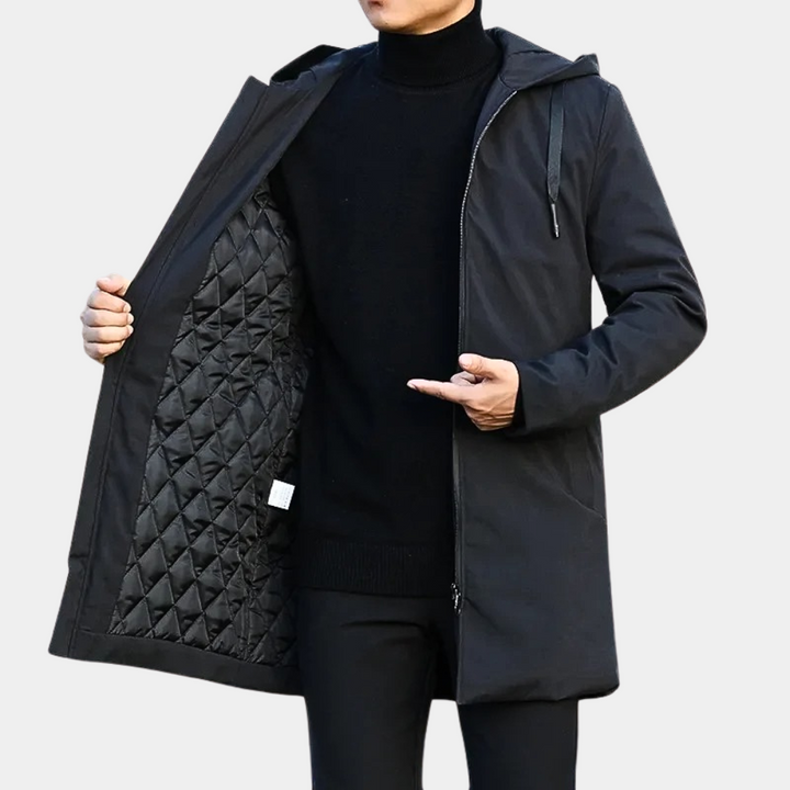 Men's mid-length quilted hooded coat for winter. Warm outerwear for cold weather and casual fashion.