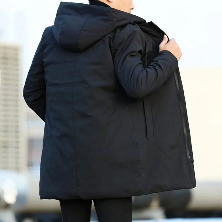 Stylish men's quilted mid-length jacket with hood. Perfect autumn/winter outerwear for daily casual wear.