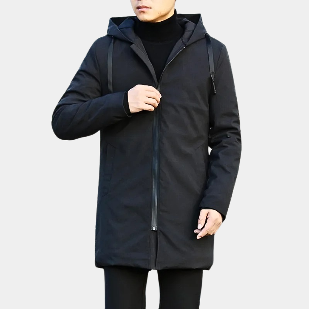 Zip-up men's mid-length quilted coat featuring a protective hood, ideal for cold weather outerwear.