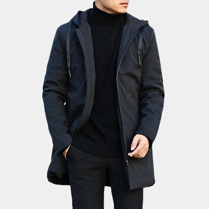 Warm men's hooded quilted mid-length winter coat, perfect for staying cozy in cold weather.